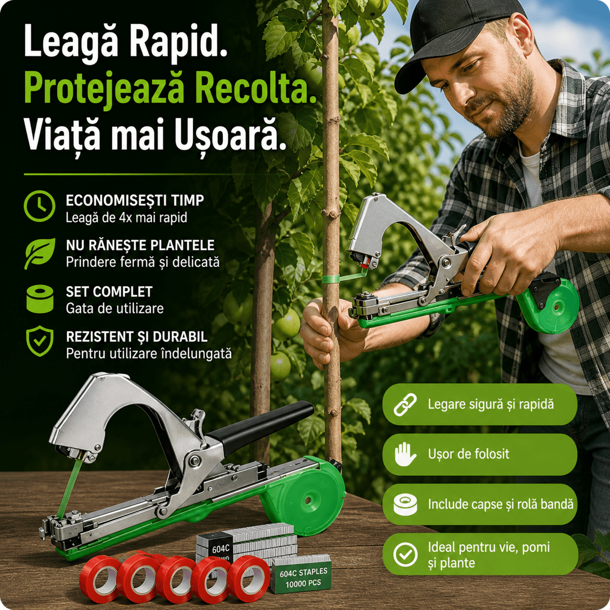 Aparat de legat plante cu 10 role si 10 000 de capse