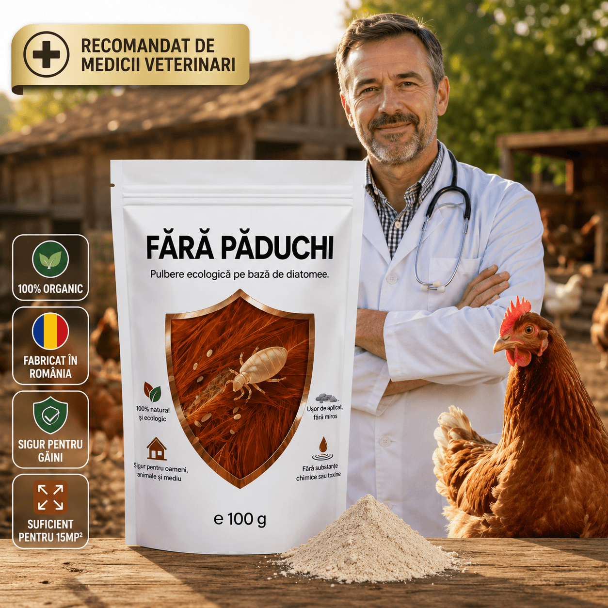 Pudră Naturală Anti-Păduchi pentru Găini
