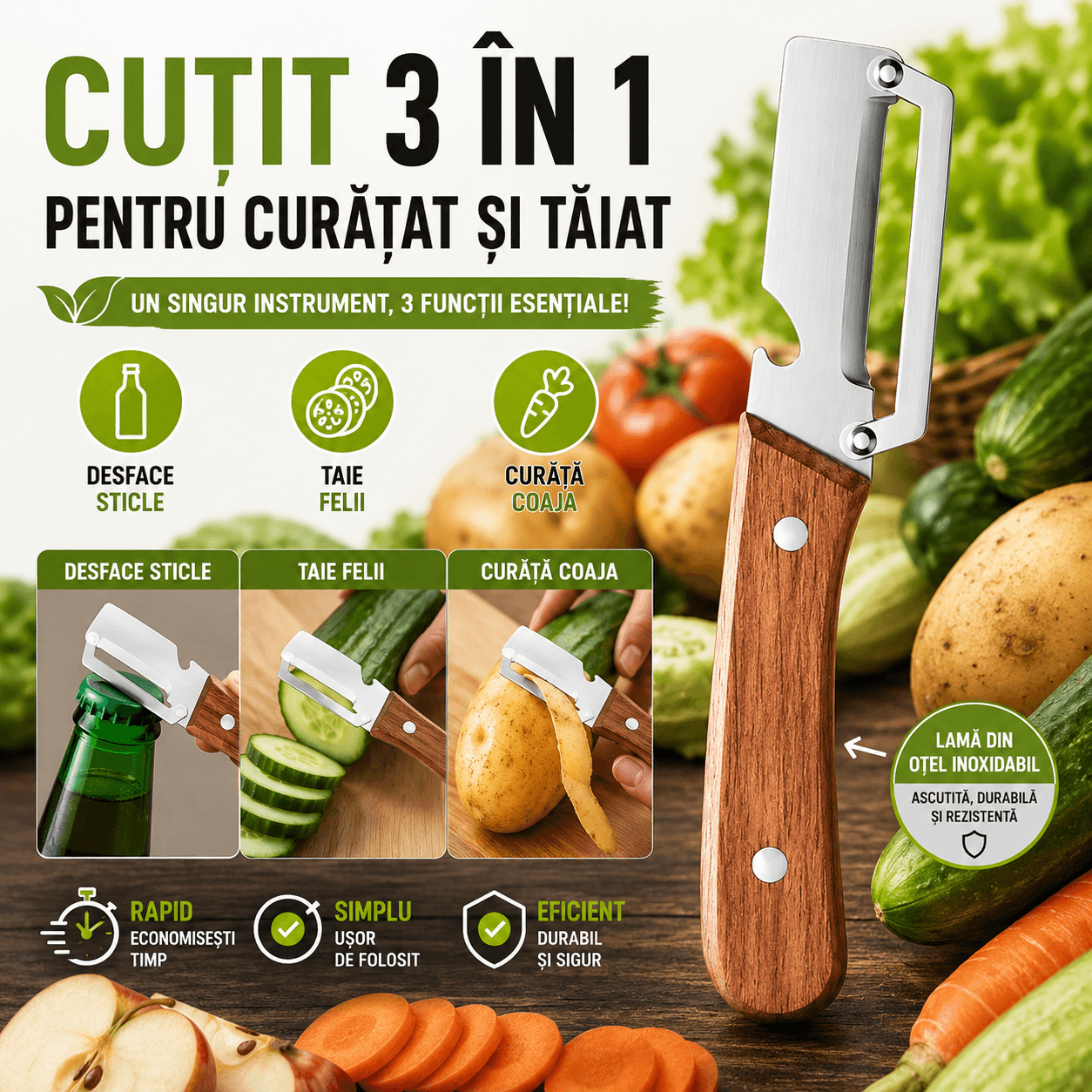 Cuțit 3 în 1 pentru Curățat și Tăiat
