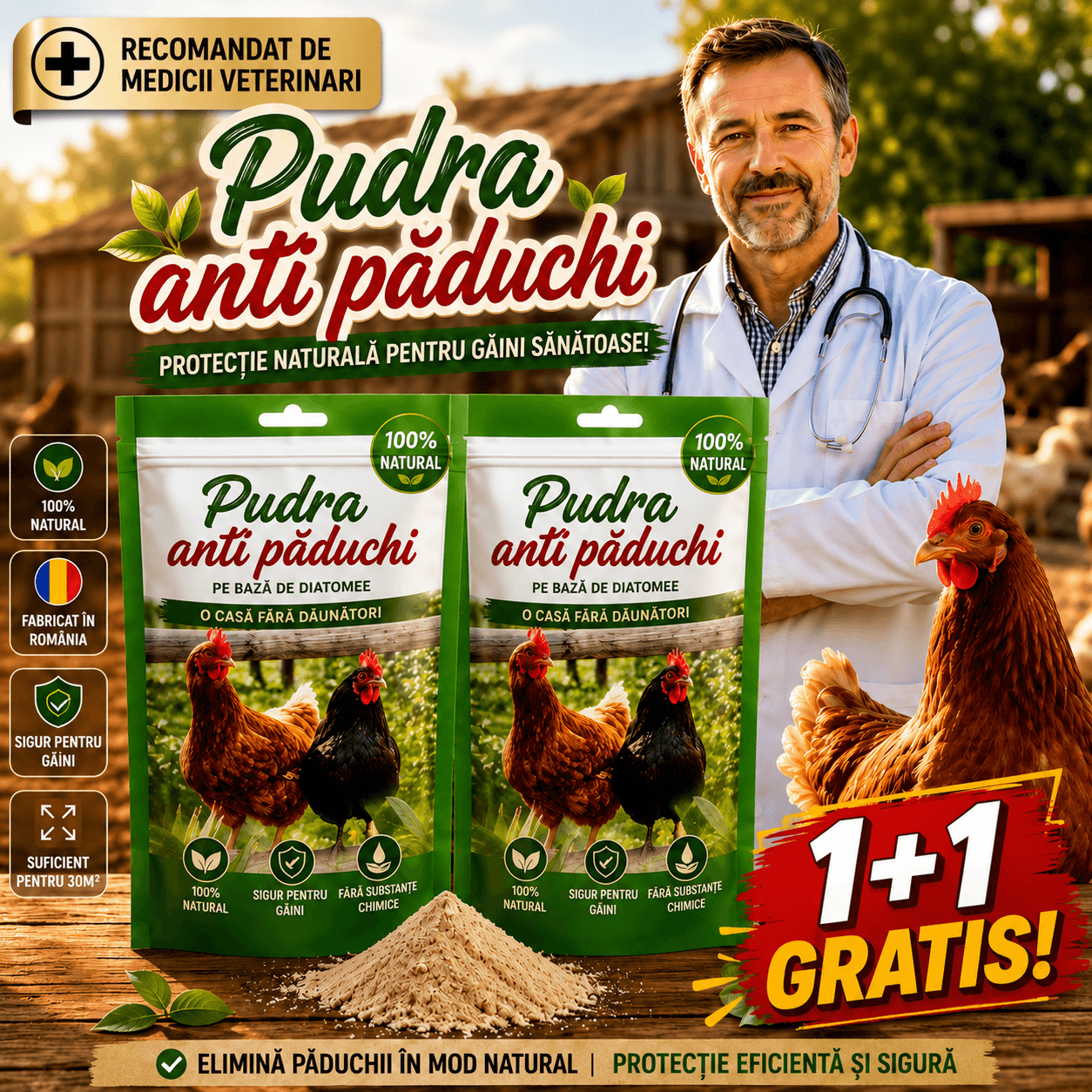 Pudră Naturală Anti-Păduchi pentru Găini 1+1 GRATIS