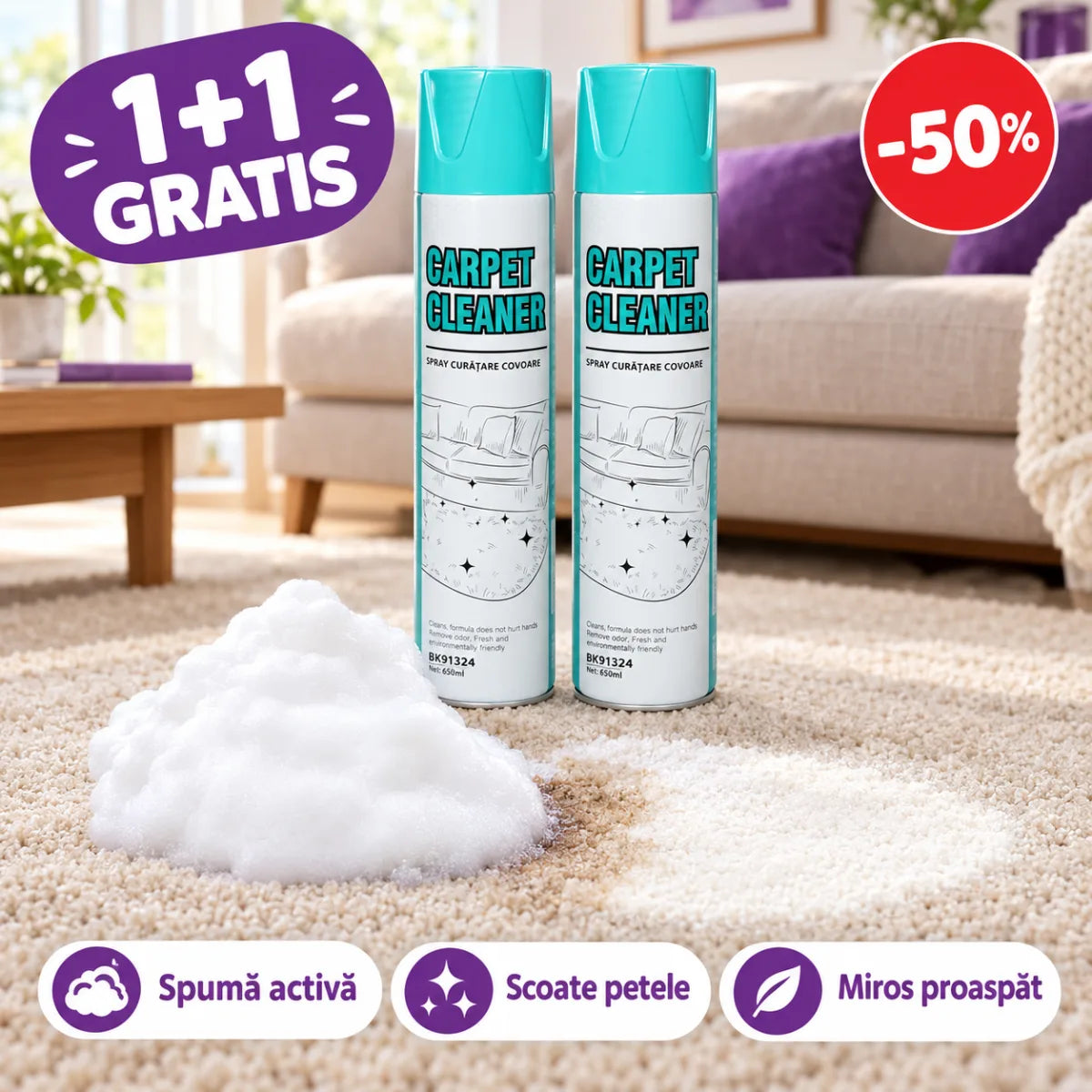 Spray Spumă pentru Curățat Covoare 650 ml — 1+1 GRATIS